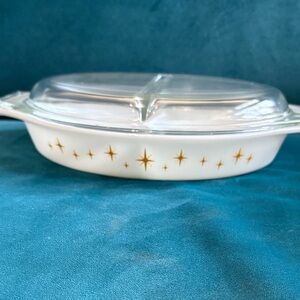 Vintage pyrex constellation divided casserole dish with lid